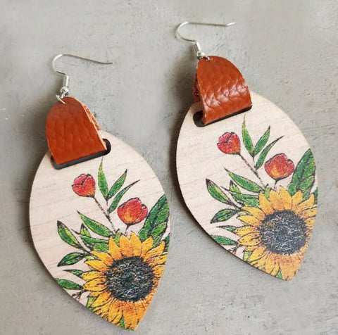 Sunflower Wood & Leather Earrings
