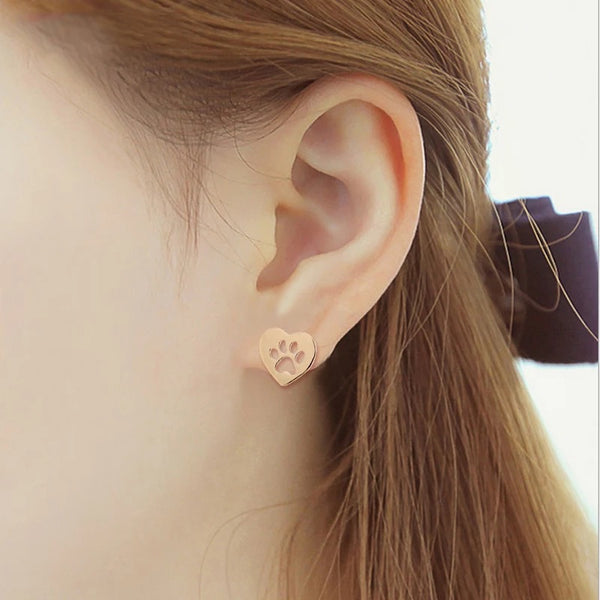 Gold Heart & Paw Print Stud Earrings